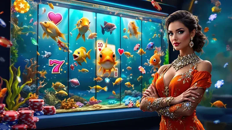 Layar slot digital dengan reel, simbol khusus, dan efek permainan