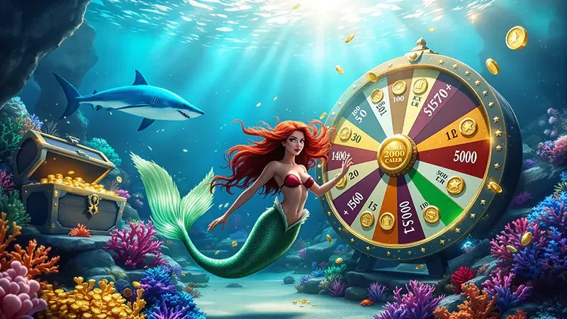 Adegan permainan tembak ikan dengan suasana laut biru